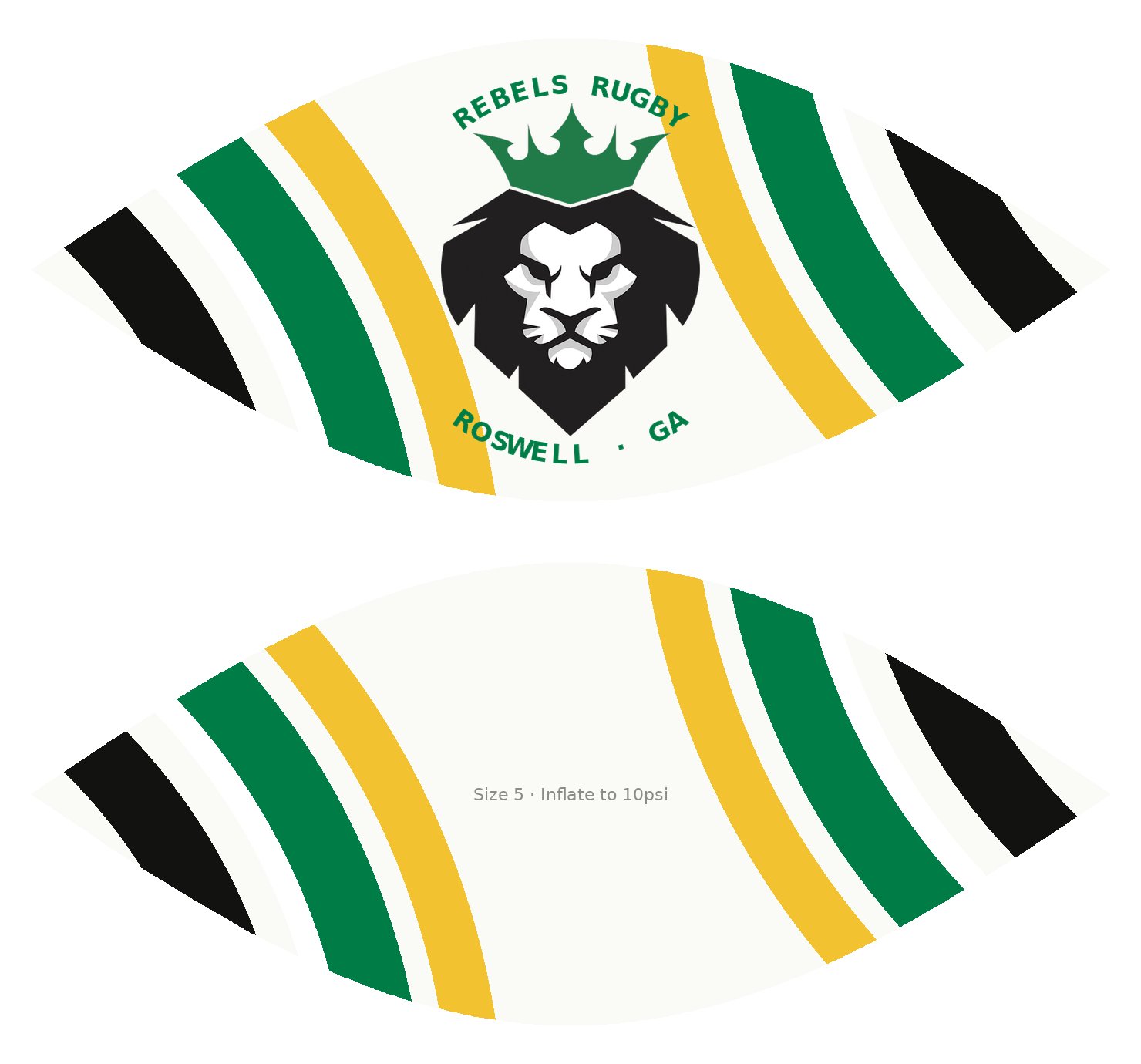 Rebels ball panel concept: cream panels, green, yellow, black and white sweep stripes, crowned lion center with REBELS RUGBY / ROSWELL GA arced text